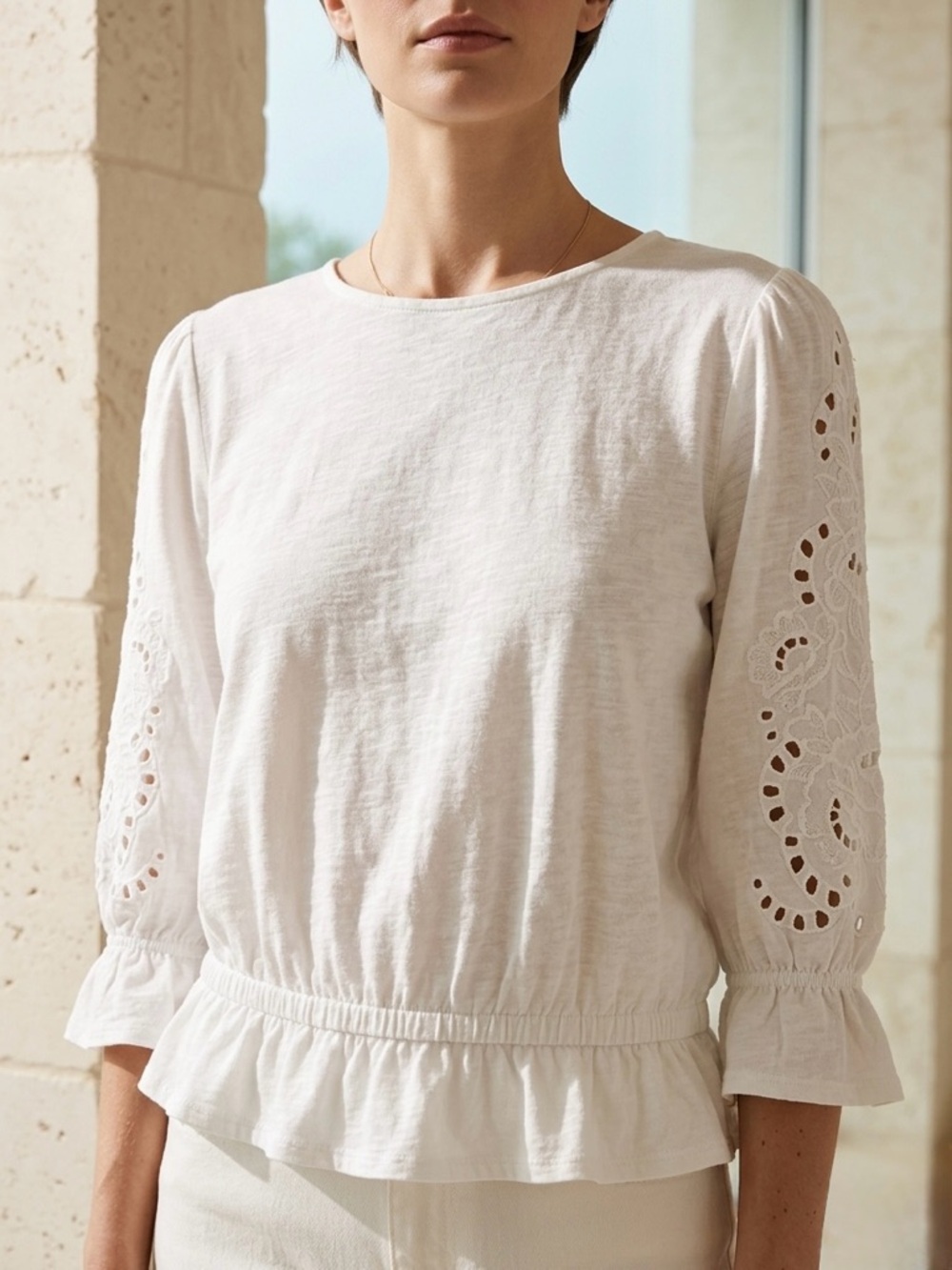 Antibes Blanc Eyelet Embroidered Puff Sleeve Blouse Size Med White Linen Blend